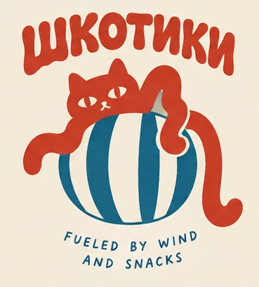 Кот на полосатом мяче: Fueled by wind and snacks